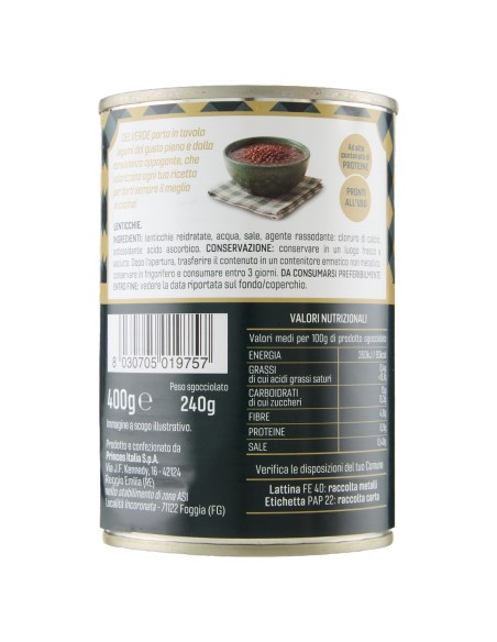 Lenticchie 400 g Delverde, dos avec ingrédients, valeurs nutritionnelles, fabricant, code-barres et conservation