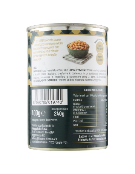 Ceci 400 g Delverde, dos avec ingrédients, valeurs nutritionnelles, fabricant, code-barres et conservation