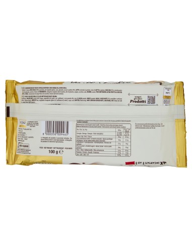 Millefoglie Snack Alla Nocciola Matilde Vicenzi, retro con ingredienti, valori nutrizionali, codice a barre, produttore e conser