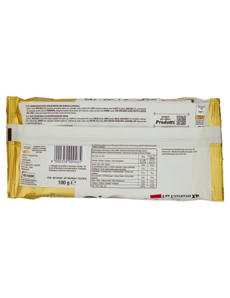 Millefoglie Snack Alla Nocciola Matilde Vicenzi, retro con ingredienti, valori nutrizionali, codice a barre, produttore e conser