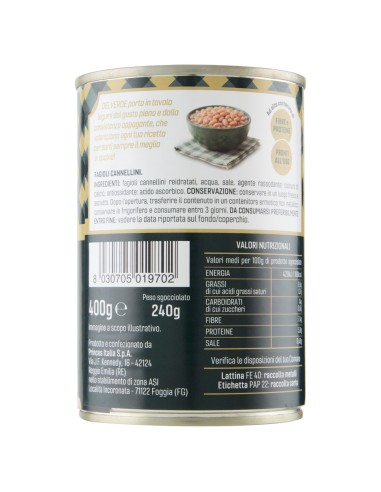 Fagioli cannellini 400 g Delverde, retro con ingredienti, valori nutrizionali, produttore, codice a barre e conservazione