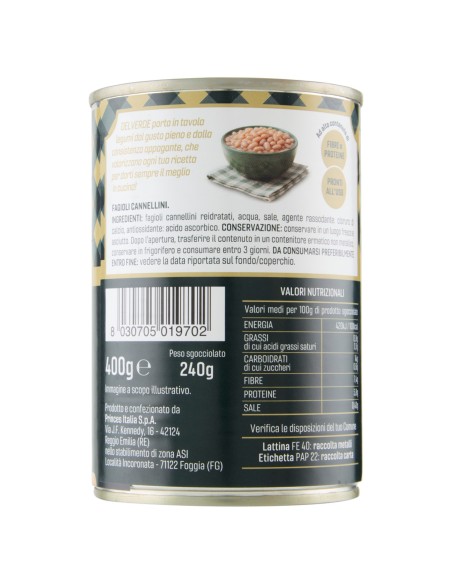 Fagioli cannellini 400 g Delverde, retro con ingredienti, valori nutrizionali, produttore, codice a barre e conservazione