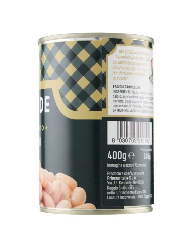 Fagioli cannellini 400 g Delverde, lato con ingredienti, produttore e codice a barre