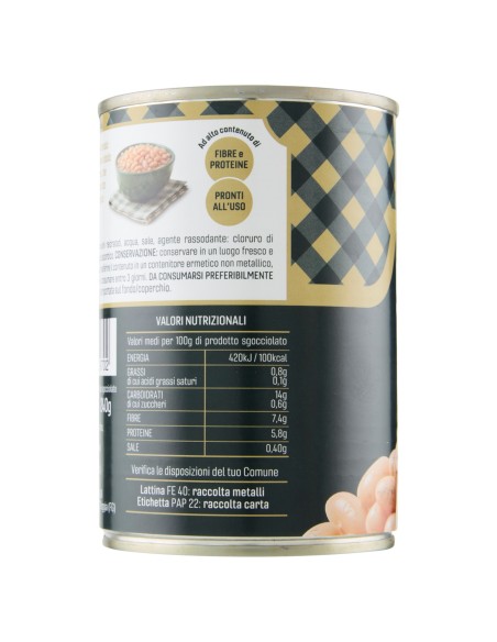 Fagioli cannellini 400 g Delverde, lato con valori nutrizionali e conservazione