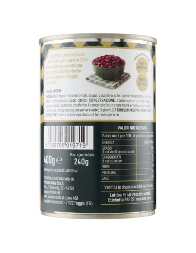 Fagioli rossi 400 g Delverde, retro con ingredienti, valori nutrizionali, produttore, codice a barre e conservazione
