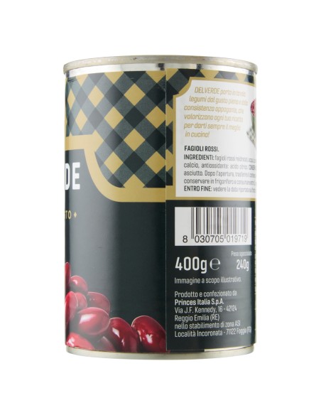 Fagioli rossi 400 g Delverde, lato con ingredienti, produttore e codice a barre