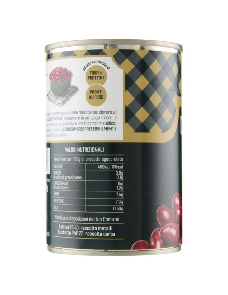 Fagioli rossi 400 g Delverde, lato con valori nutrizionali e conservazione