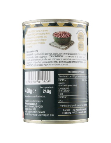 Fagioli borlotti 400 g Delverde, retro con ingredienti, valori nutrizionali, produttore, codice a barre e conservazione