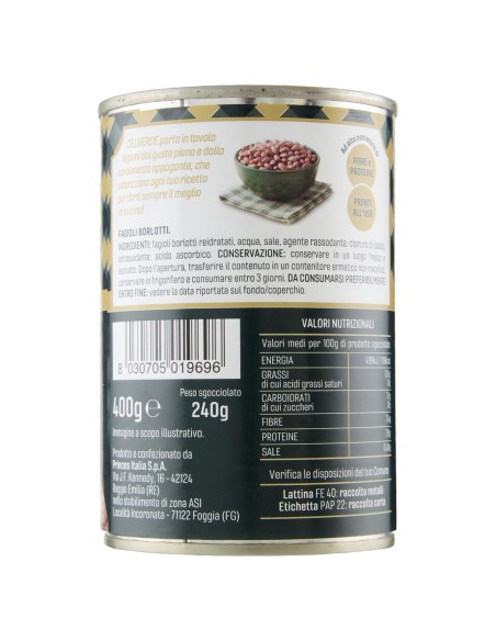 Fagioli borlotti 400 g Delverde, retro con ingredienti, valori nutrizionali, produttore, codice a barre e conservazione