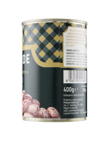 Fagioli borlotti 400 g Delverde, lato con ingredienti, produttore e codice a barre