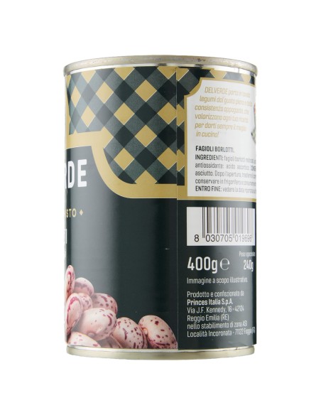 Fagioli borlotti 400 g Delverde, lato con ingredienti, produttore e codice a barre
