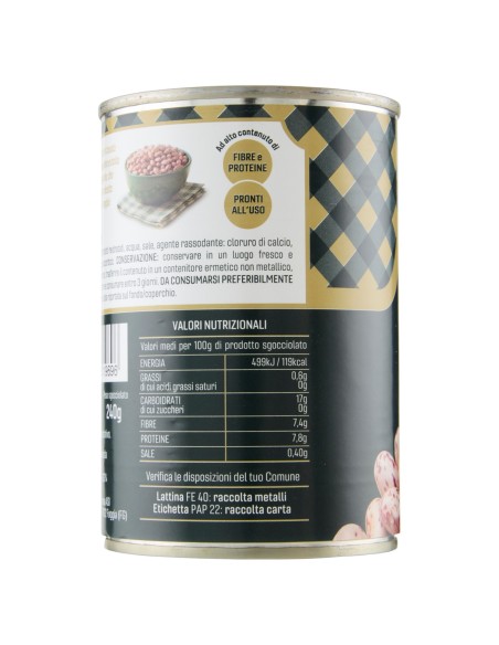 Fagioli borlotti 400 g Delverde, lato con valori nutrizionali e conservazione