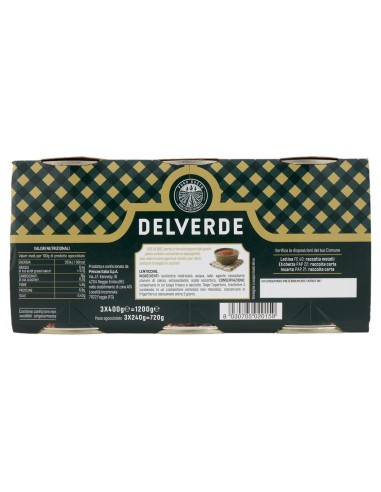 Lenticchie 3 x 400 g Delverde, retro con ingredienti, valori nutrizionali, produttore, codice a barre e conservazione
