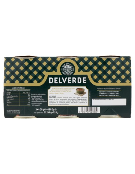 Lenticchie 3 x 400 g Delverde, retro con ingredienti, valori nutrizionali, produttore, codice a barre e conservazione
