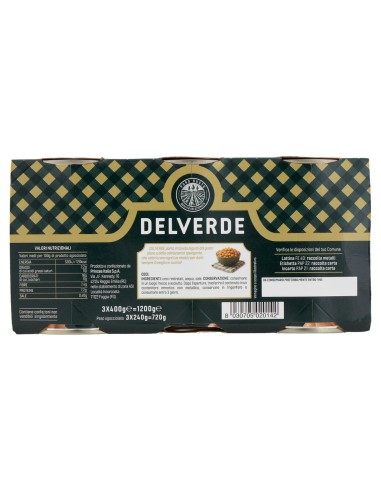 Ceci 3 x 400 g Delverde, retro con ingredienti, valori nutrizionali, produttore, codice a barre e conservazione