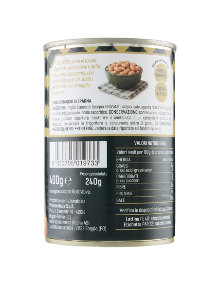 Fagioli bianchi di Spagna 400 g Delverde, retro con ingredienti, valori nutrizionali, produttore, codice a barre e conservazione