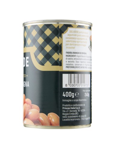 Fagioli bianchi di Spagna 400 g Delverde, lato con ingredienti, produttore e codice a barre