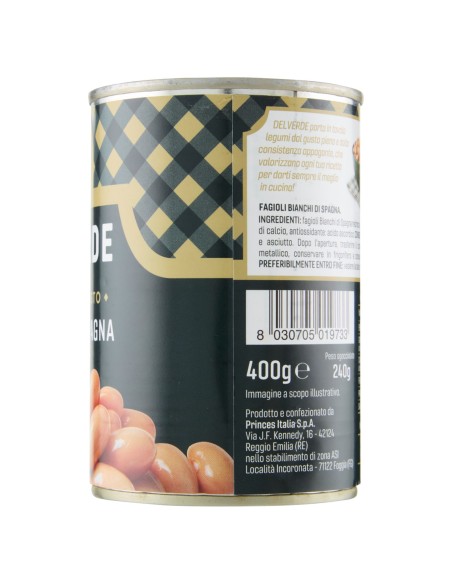 Fagioli bianchi di Spagna 400 g Delverde, lato con ingredienti, produttore e codice a barre
