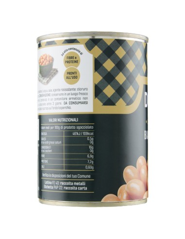 Fagioli bianchi di Spagna 400 g Delverde, lato con valori nutrizionali e conservazione
