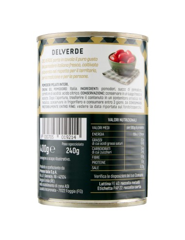 Pomodori pelati 400 g Delverde, retro con ingredienti, valori nutrizionali, produttore, codice a barre e conservazione