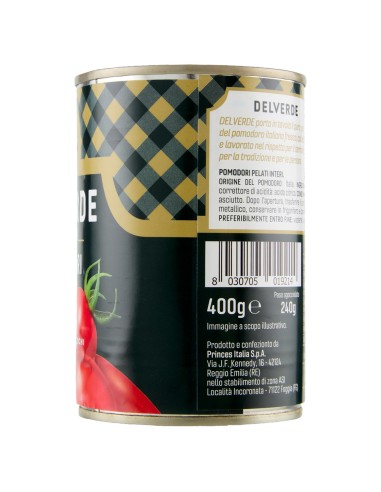 Pomodori pelati 400 g Delverde, lato con ingredienti, produttore e codice a barre
