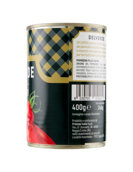Pomodori pelati 400 g Delverde, lato con ingredienti, produttore e codice a barre