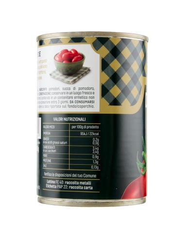 Pomodori pelati 400 g Delverde, lato con valori nutrizionali e conservazione