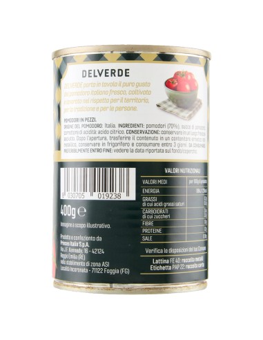 Polpa in pezzi 400 g Delverde, retro con ingredienti, valori nutrizionali, produttore, codice a barre e conservazione