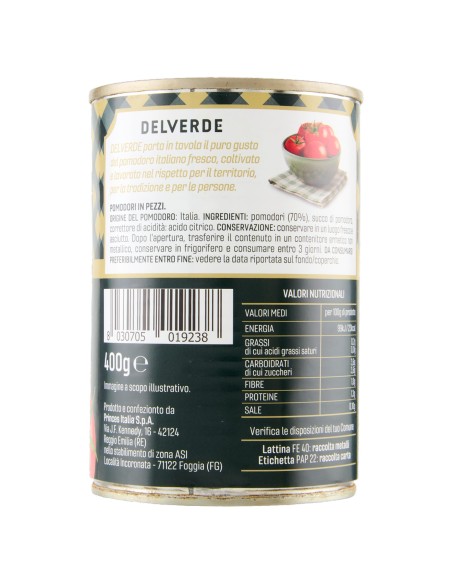 Polpa in pezzi 400 g Delverde, retro con ingredienti, valori nutrizionali, produttore, codice a barre e conservazione