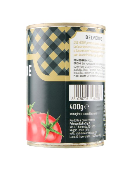 Polpa in pezzi 400 g Delverde, retro con produttore e codice a barre