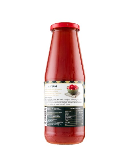 Passata vellutata 700 g Delverde, retro con ingredienti, valori nutrizionali, produttore, codice a barre e conservazione