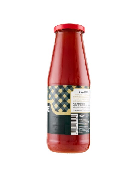 Passata vellutata 700 g Delverde, retro con produttore e codice a barre
