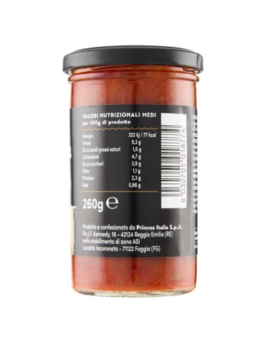 Sugo pronto scarpariello 260 g Napolina, retro con valori nutrizionali, produttore e codice a barre