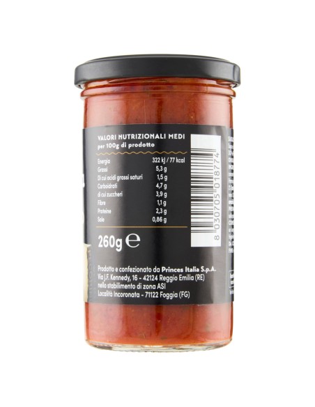 Sugo pronto scarpariello 260 g Napolina, retro con valori nutrizionali, produttore e codice a barre