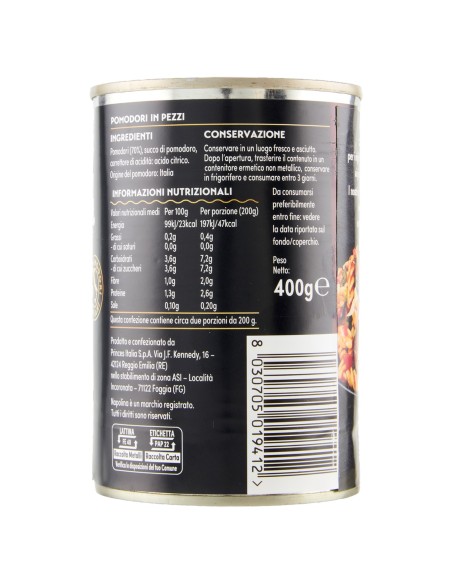 Polpa di pomodoro in pezzi 400 g Napolina, retro con ingredienti, valori nutrizionali, produttore e conservazione