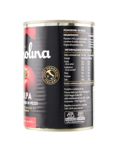 Polpa di pomodoro in pezzi 400 g Napolina, lato con ingredienti, valori nutrizionali e produttore