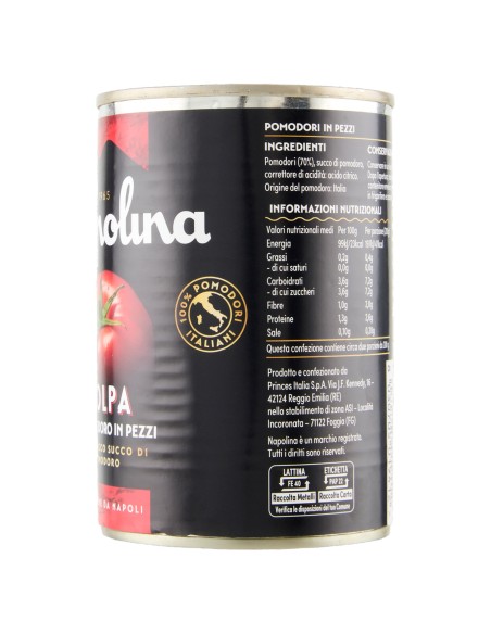 Polpa di pomodoro in pezzi 400 g Napolina, lato con ingredienti, valori nutrizionali e produttore
