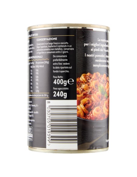 Pomodori pelati interi 400 g Napolina, lato con conservazione e codice a barre