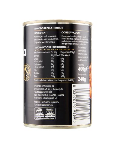 Pomodori pelati interi 400 g Napolina, retro con ingredienti, valori nutrizionali, produttore, conservazione e codice a barre