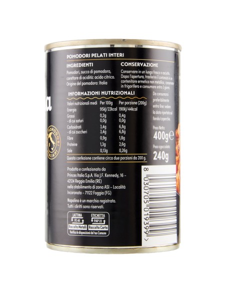 Pomodori pelati interi 400 g Napolina, retro con ingredienti, valori nutrizionali, produttore, conservazione e codice a barre