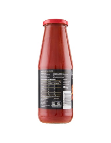 Passata di pomodoro 700 g Napolina, Rückseite mit Zutaten, Nährwerte, Hersteller, Aufbewahrung und Strichcode