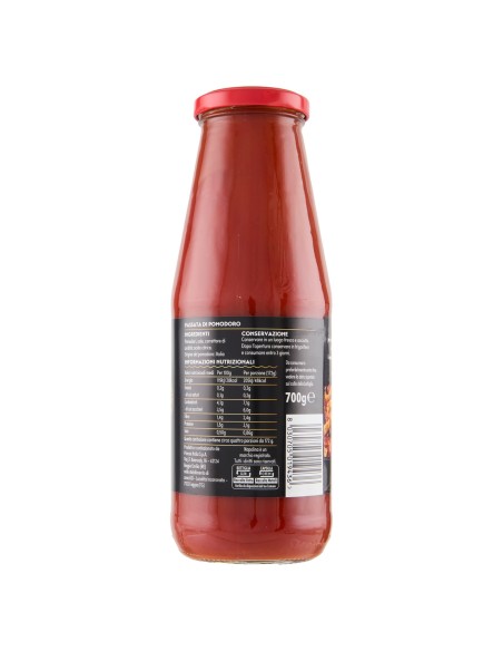 Passata di pomodoro 700 g Napolina, Rückseite mit Zutaten, Nährwerte, Hersteller, Aufbewahrung und Strichcode