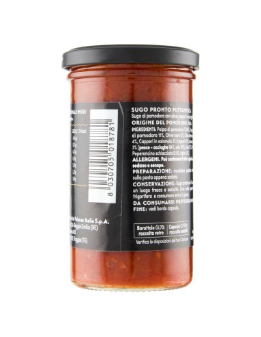 Sugo pronto puttanesca 260 g Napolina, Seite mit Zutaten, Gebrauchsanweisung, Aufbewahrung und Strichcode