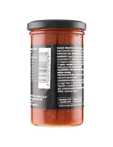 Sugo pronto puttanesca 260 g Napolina, Seite mit Zutaten, Gebrauchsanweisung, Aufbewahrung und Strichcode