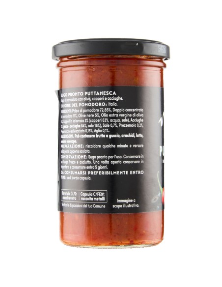 Sugo pronto puttanesca 260 g Napolina, Rückseite mit Zutaten, Gebrauchsanweisung und Aufbewahrung