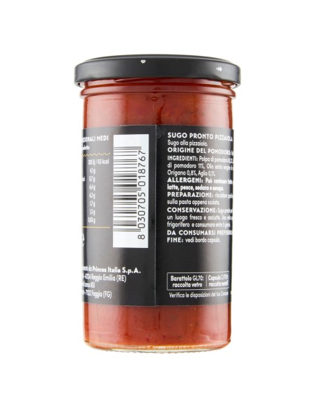Sugo pronto pizzaiola 260 g Napolina, Seite mit Zutaten, Gebrauchsanweisung, Aufbewahrung und Strichcode
