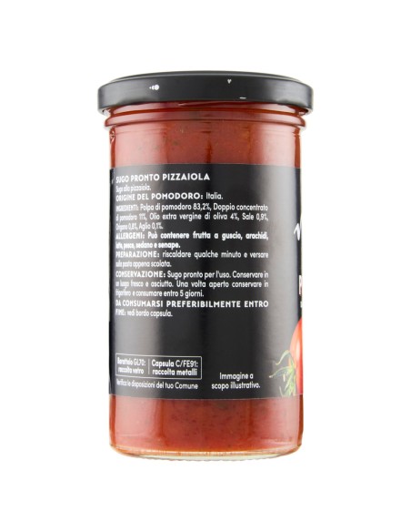 Sugo pronto pizzaiola 260 g Napolina, Rückseite mit Zutaten, Gebrauchsanweisung und Aufbewahrung